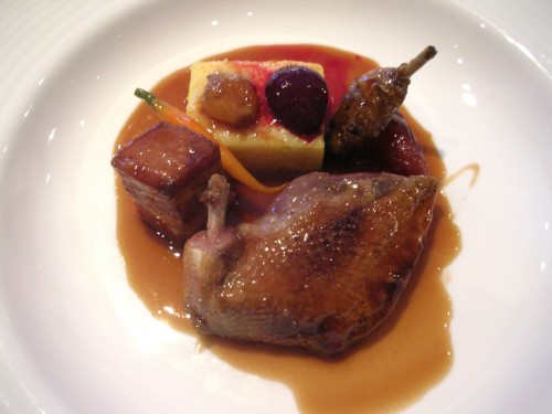 fantastic roasted pigeon from Bresse with grilled polenta, smoked pork belly and date sauce